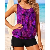 preiswerte Surfen Tankinis &amp; Bikinis-Damen Geraffter Tankini 2 Teile Tropisch UV Schutz Elastisch Ärmellos Bademode Surfen Strand Schwimmen Sommer