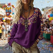 abordables T-shirt Boho-Carnaval Mardi Gras Mujer Camiseta bohemia Camiseta Camiseta superior Estampado Graphic Vintage Étnico Casual Manga Larga Escote en Pico Tops regulares Diario Fin de semana Ropa de vacaciones Lavanda