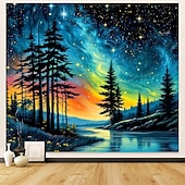 abordables Tapices de pared-Tapiz de auroras boreales, noche estrellada, bosque, colgante de pared, paisaje natural psicodélico para dormitorio, sala de estar, sala de yoga, espacio de meditación, decoración