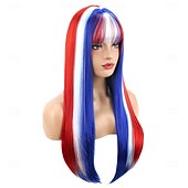  Peruca Vermelha Branca e Azul com Franja Perucas do Dia da Independência para Mulheres e Meninas Peruca Longa Lisa Sintética Resistência ao Calor Cosplay