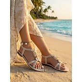 abordables Femmes-Sandales plates bohèmes chics pour femmes, ornées de perles métalliques décoratives – des chaussures confortables pour les mariages décontractés et à la plage, les événements estivaux et les vacances