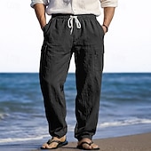 billiga Semester-Herr Linne Byxor Långbyxor Sommarbyxor Strandbyxor Snörning Elastisk midja Flera fickor Slät Lättvikt Andningsfunktion Fullängd Ledigt Dagligen Helgdag Semester Mode 다크 카키 Svart Microelastisk