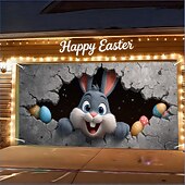 billiga Semestertapeter-Påskgarageportsskydd 157,48 x 70,87 tum söt kanin som bryter igenom väggen färgglada ägg rolig påskdekor utomhusgarage vårfest familjefest bakgrundsscen
