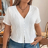 ieftine Bluze simple-Pentru femei Mărime Plus Cămașă casual Camașă cu nasturi Bluză Zdrobit Nasturi Culoare solidă Simplu Epocă Zilnic Stilat Manșon scurt În V Topuri obișnuite Concediu Costum de plajă Îmbrăcăminte de