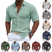  Voor heren Overhemd Wafel Shirt Textuur Normaal shirt Overhemd met knopen Zwart Marineblauw Hemelsblauw Groen Grijs Korte mouw Effen Revers Casual Dagelijks Kleding Modieus Modern Casual Comfortabel
