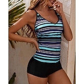 お買い得  サーフィンタンクiniとビキニ-女性用 ミディアム サーフィン用タンキニ＆ビキニ 水着 タンキニ 縞柄 オープンバック UVプロテクション 弾性ある ノースリーブ スイムウェア サーフィン 潜水 水泳 夏