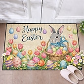 baratos Capacho-Tapete de Páscoa com mensagem de Feliz Páscoa, coelhinho na cesta de ovos e tulipas coloridas, perfeito para dar as boas-vindas à primavera.