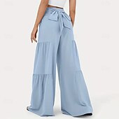 billige brede ben og høy midje-Dame Bukser Sommerbukser Strandbukser Ferie Mote Fritid hverdag Full lengde Middels midje Helfarge عادي Snorer Lapper Bred Bukseben Komfort Hurtigtørkende Myk Uelastisk Gateklær Strand Ferie Svart