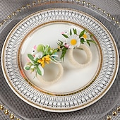 billiga Originella leksaker-6 st servettringar med påskhare, servetthållare med vårblommor och kanin, spräckliga ägg och prästkragar, bordsdekorationer i lantlig stil för påskmiddag, gröna servettringar