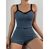 abordables Hauts et bas de nuit pour femmes-Femmes Ensemble Pyjama Occasionnel Confort Couleur Unie Dentelle Taille Élastique Shorts Quotidien Maison Sans manches Bretelles Bleu Blanche Rose Claire Vin Gris Été Printemps Coupe régulière