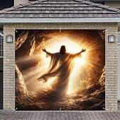 tanie Wakacyjne tkaniny-Wielkanocna osłona garażu ze sceną zmartwychwstania i Jezusem w grobowcu, chrześcijańska dekoracja religijna z promiennym światłem, idealna na uroczystości na świeżym powietrzu i dekorację Wielkiego