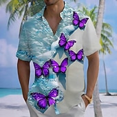 tanie Uccelli &amp; Animali-Men's Butterfly Ocean Waves Summer Hawaiian Shirt Button Up Shirt Aloha Shirt Short Sleeve Hawaiian Casual Vacation Summer Spring Turndown 3D Print Collared Shirts Front One Pocket Blue Purple Green