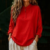 Недорогие Основные искусственные рубашки-Жен. Рубашка Блуза Искусственный хлопок и лен Пуговицы Полотняное плетение Стиль Современное Длинный рукав Вырез под горло Обычные топы Повседневные Праздники На выход Белый Розовый Красный Зеленый