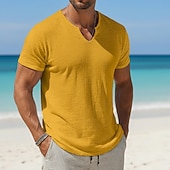 cheap Cotton Linen T-shirts-Men's Cotton Linen T Shirt Tee Top Short Sleeves V Neck Summer Plain Fashion Designer Basic Classic Vacation Casual Daily Yellow Top Tee for Men