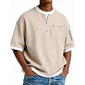 Недорогие Вафельная трикотажная футболка-Мужчины Футболка с вафельным рисунком Футболка С короткими рукавами Хенли Лето Весна Весна лето Сплошной цвет Мода Оригинальный рисунок На каждый день Многослойный поддельные две части