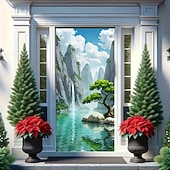 economico Striscioni per Garage e Porte-Tenda da ingresso con vista realistica della natura, da appendere alla parete per l'ingresso del portico, con banner per porta da giardino giapponese in 3D, scena con cascata e laghetto koi.