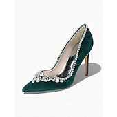 tanie Gość weselny-Damskie szmaragdowo-zielone aksamitne szpilki z kryształkami, eleganckie buty z noskiem w szpic na wesele, ceremonię kościelną
