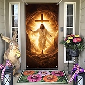 cheap Holiday Tapestries-Easter Door Cover with Radiant Jesus Emerging from Tomb and Cross, Christian Religious Decor for Easter Celebration, Perfect for Holy Week and Spring Holiday Decor
