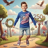  Jungen 3D Grafik Flagge 250-jähriges Jubiläum T-Shirt Langarm 3D-Druck Frühling Herbst Sport Mode Streetwear Kinder 4-12 Jahre Rundhalsausschnitt Lässig Täglich Outdoor Normale Passform