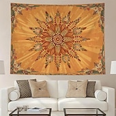 baratos Tapeçarias de Parede-Tapeçaria de parede mandala amarelo mostarda, estilo boho vintage com design floral, grande, em tons terrosos, para decoração de casa, pôster de tecido para fundo de parede.