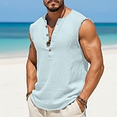 Недорогие Хлопковые Льняные Футболки-Муж. Рубашка Хенли Безрукавка Без рукавов Хенли Лето Полотняное плетение Мода Оригинальный рисунок Богемные Пуговицы Повседневные Отпуск На выход Светло-синий Черный Белый Футболка для мужчин