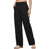 halpa Oleelliset keinotekoiset alaosat-Naisten Puuvillaiset pellavahousut Kiinalainen Kesähousut Suora Loma Perus Vapaa-aika Täyspitkä Korka vyötärö Yhtenäinen väri Tasku Elastinen vyötärönauha Mukava Pehmeä Elastinen ulko- Katu Sininen