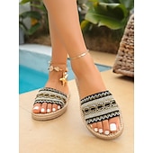 preiswerte Frauen-Bestickte, flache Damen-Sandalen im Boho-Stil mit gewebter Sohle – farbenfroher, tropischer Resort-Look, bequeme Sommerpantoletten zum Entspannen am Pool und für Inselurlaube