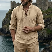 abordables Vacances-Homme Chemise Chemise en lin Style Viking Chemise popover Chemise d'été Chemise à col officier Uni Occasionnel Vacances Noir Blanche Vert Kaki manche longue Col en V Été Printemps Vêtement Tenue