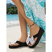 billiga Kvinnor-Damflip-flops med prickig rosett – avslappnade strandsandaler med bekväm platåsula för semester, sommar och avkoppling vid poolen
