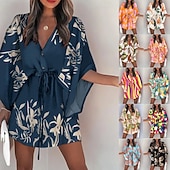 tanie Sukienki kwiatowe-Damskie Krótka sukienka mini Codzienne sukienki Sukienka A line Moda Nowoczesny Codzienny Plaża Urlop Luźna Kwiaty Tropikalny Rękaw 3/4 W serek Niebieski Żółty Rumiany róż Granatowy Lato Wiosna