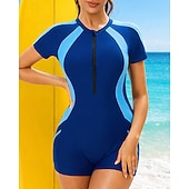 cheap One Pieces Rash Guards-Women's Rash Guard Bathing Suit Swimsuits Patchwork Zip Up UV Protection Elastic Short Sleeve Swimwear Swimsuit Surfing Scuba Swimming Summer