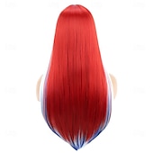  Peruca Vermelha Branca e Azul com Franja Perucas do Dia da Independência para Mulheres e Meninas Peruca Longa Lisa Sintética Resistência ao Calor Cosplay