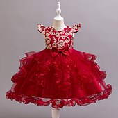 abordables Robes de Fille de Fleurs-Robe de Demoiselle d'Honneur Fille Fille Robe de soirée Tenue de mariage Soirée Mariage Formel Mode Adorable Princesse Patchwork Broderie Fleuri Sans manches Col en V Bleu Champagne 4 ans et +
