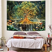 tanie Gobeliny ścienne-Zaczarowany las, wodospad, gobelin, magiczny grzyb, motyl, natura, krajobraz, wisząca na ścianę, bajkowa sztuka leśna do salonu, sypialni, wystroju domu