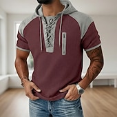  رجالي وافل هينلي قميص تي الأعلى كم قصير مع قبعة ربط الحذاء حتى الرقبة الصيف الربيع كل الفصول بقع موضة مصمم كاجوال مكعبات الألوان فضفاض مناسب للبس اليومي الأماكن المفتوحة أزرق فاتح أسود نبيذ