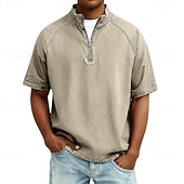 voordelige basis t-shirts-Heren Overhemd van 100% katoen met zure wassing T-shirt Korte mouw Opstaand Herfst winter Lente Herfst Effen Vintage Streetwear Casual Rits omhoog Kledingstuk geverfd Standaard Casual Huis Straat