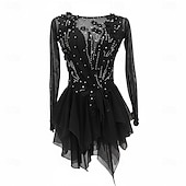 ieftine Rochii de patinaj artistic-Rochie de Patinaj Artistic Pentru femei Πατινάζ στο πάγο Rochii Negru Peteci Mâneci cu Gaura Înaltă Elasticitate Antrenament Competiție Ținută Patinaj Clasic Cristale / Strasuri Manșon Lung Patinaj