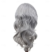 cheap Older Wigs-Silver Grey Wigs for Women, Shoulder Length Wavy Hair with Side Bangs, Natural Looking Heat Resistant Synthetic Wig for Daily Wear, Party