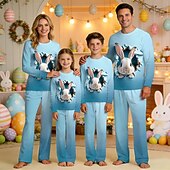 cheap Easter Family Matching Outfits-Family Easter Pajamas Graphic Bunny Casual Print Blue Black White Long Sleeve Vacation Matching Outfits