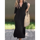 cheap Plain Dress-Women's Maxi Dress Shift Dress Summer Dress Casual Daily Loose Fit Plain 3/4 Length Sleeve V Neck Blue Black White Red Summer Spring Fall