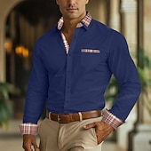 cheap Men's Non Iron Shirts-Men's Shirt Dress Shirt Non Iron Shirt Button Up Shirt Color Block Business Wedding Navy Blue Long Sleeve Turndown All Seasons Clothing Apparel Patchwork