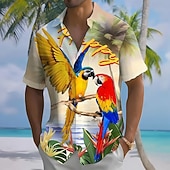 abordables Oiseaux &amp; Animaux-Homme Perroquet Plantes Tropicales Fleurs Chemise hawaïenne Chemise Boutonnée Chemise Aloha Manche Courte Hawaïen Vacances Été Printemps Col Rabattu Impression 3D chemises à col Une poche avant Bleu