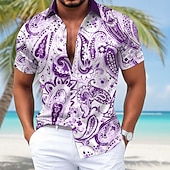 cheap Men's Satin Shirt-Men's Paisley Floral Print Ethnic Shirt Satin Shirt Dress Shirt Short Sleeve Fashion Casual Daily Vacation Summer Spring Turndown Collared Shirts 3D Print Button Up Shirts Blue Purple Green Khaki