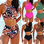 baratos Surfistas Tankinis &amp; Bikinis-Mulheres Conjuntos de biquíni 2 Peças Maiôs Cor Sólida Proteção UV Elástico Sem Manga Roupa de Banho roupa de banho Surfe Mergulho Natação Verão