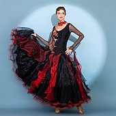 economico Abbigliamento da Competizione-abito da ballo da sala da donna in organza arricciata con ricami a fiamma rossa nera, tango foxtrot paso doble, abito da competizione