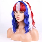  Perucas Vermelha Branca e Azul para Mulheres e Meninas Peruca do Dia da Independência Curta Cacheada e Ondulada Com Franja Fantasia para Festa do Quatro de Julho