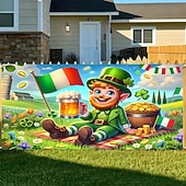 abordables Garage &amp; Door Banners-St. Patrick's Day Tapestry Garage Door Cover Large Hanging Backdrop Elf Cute 3D Party Outdoor Holiday Shooting Backgrounds Yard Home Decor
