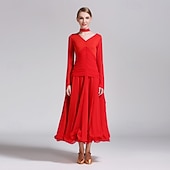 abordables Salón de Baile Estándar-Vestido de baile de salón rojo para mujer, cuello en V, cintura fruncida, manga larga, vestido de vals, traje de competición estándar moderno.