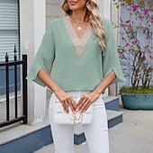 preiswerte Schicke Blusen-Damen Hemd Bluse Chiffon Tops Patchwork Farbblock Stilvoll Lässig Langarm V Ausschnitt Normale Oberteile Täglich Ferien Ausgehen Blau Schwarz Weiß Rosa Himmelblau Sommer Frühling