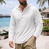 economico Vacanza-Per uomo Camicia Camicia di lino Camicia Estiva Abbigliamento da spiaggia Camicia con cappuccio Camicie a righe Tinta unica Casuale Vacanza Nero Bianco Blu marino Cachi Manica Lunga Felpa con